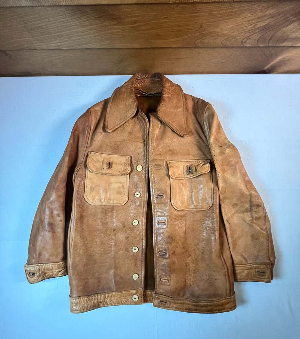 Vintage 70s Tan Leather Chore Coat Jacket Brown Suede Lining XS Heritage